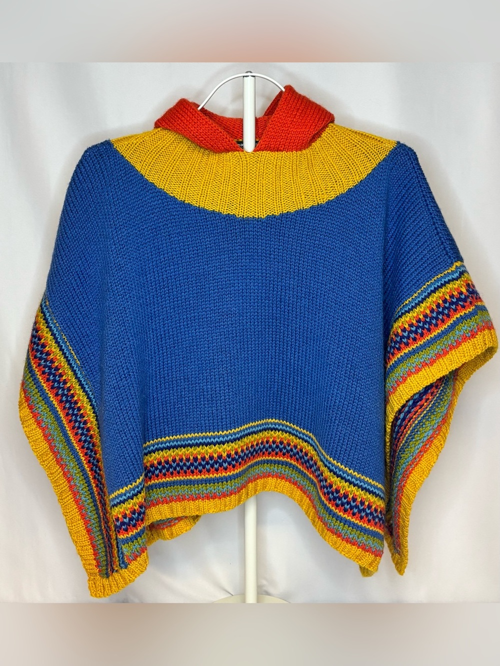 Manos Del Uruguay 100% Pure Wool Colorblock Hooded Poncho Vintage Boho Handmade